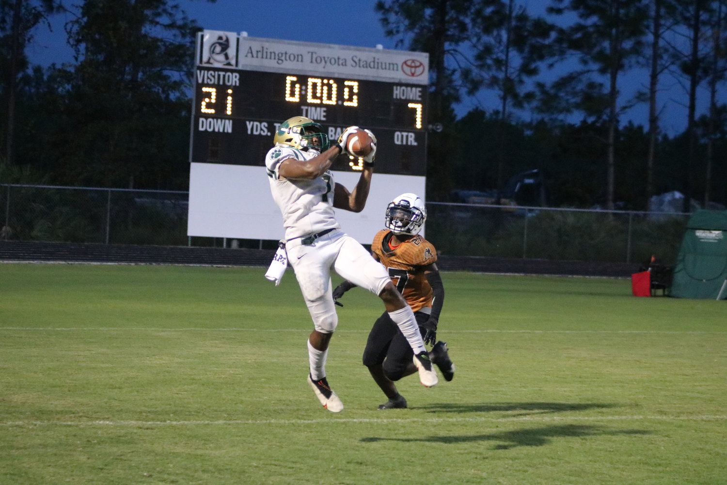 Dom Henry hauls in a touchdown as time expired to give Nease a 28-7 halftime lead over Atlantic Coast on Friday. He caught two touchdown passes on the night.